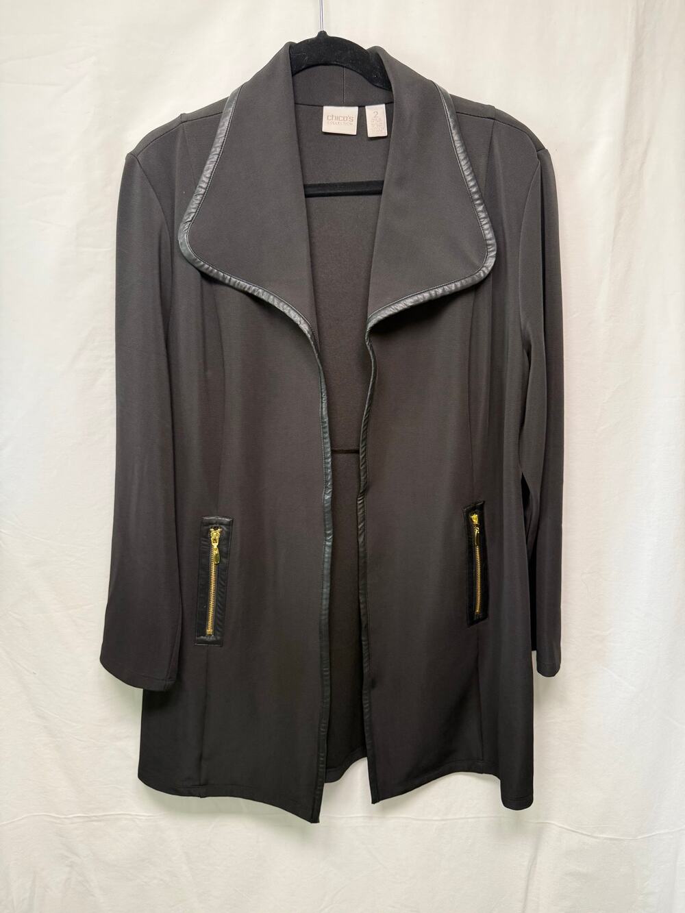 Chico's Collection Black Shawl Collar Open Front Jacket, Black, Size 2